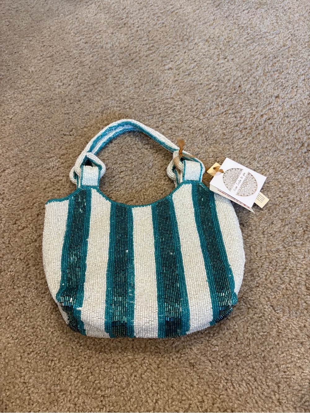 T.J.Maxx Teal and White Beaded Striped Shoulder Bag